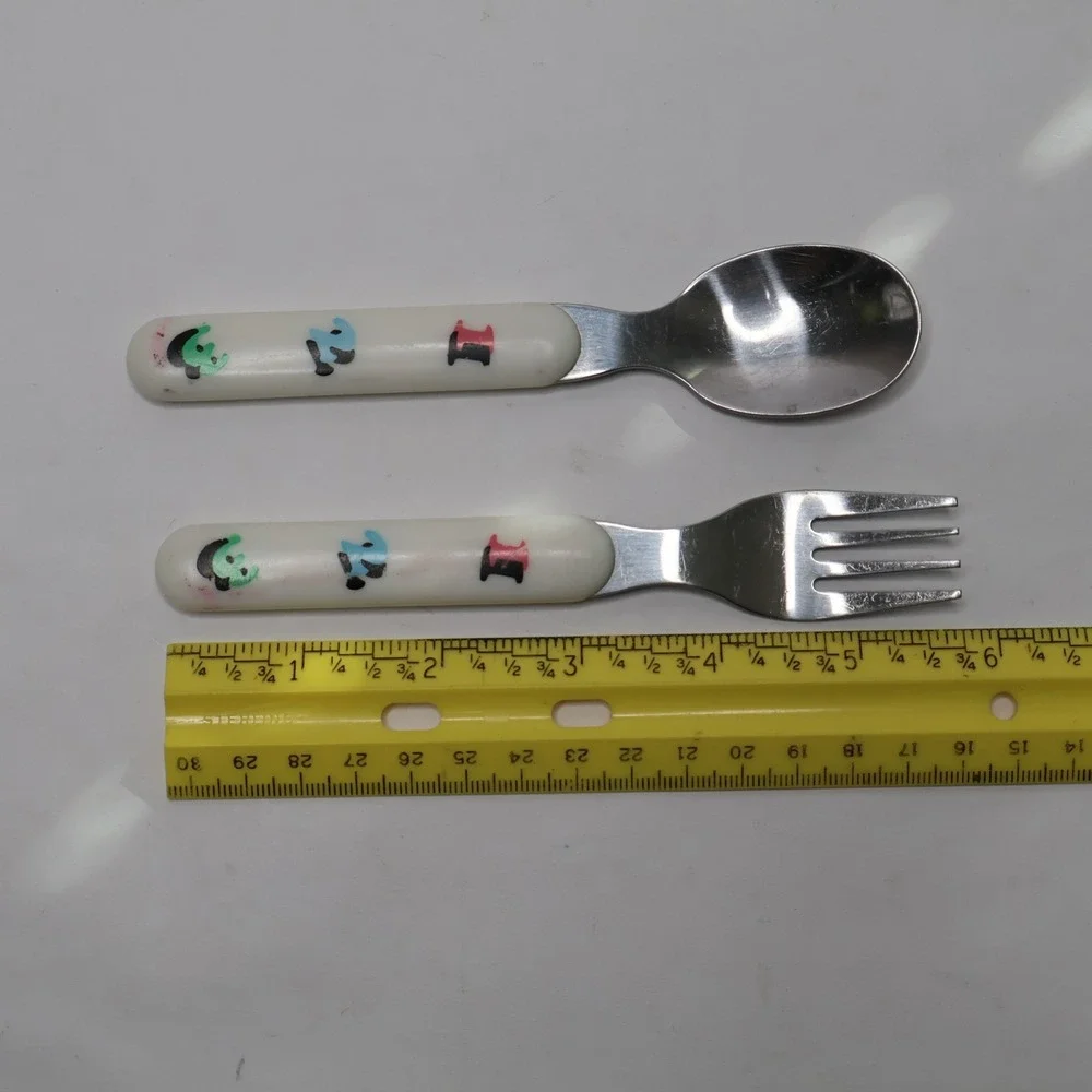 Vintage Kids Spoon and Fork Set White Handles with 1 2 3 Numbers Stainless Steel